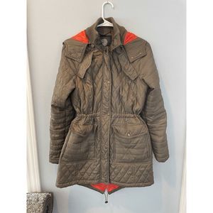 Vince Camuto Metallic Olive Green with Orange Winter Jacket Coat Zip off Hood M